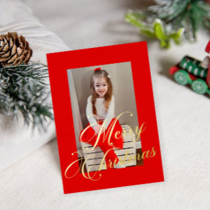 Elegant Gold Script Red Frame Photo Foil Holiday Card