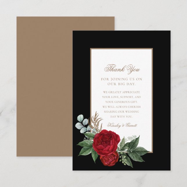Elegant Gold Script Red Peonies Black & White Thank You Card (Front/Back)