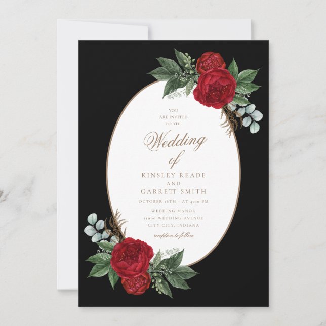 Elegant Gold Script Red Peonies Wedding Invitation (Front)