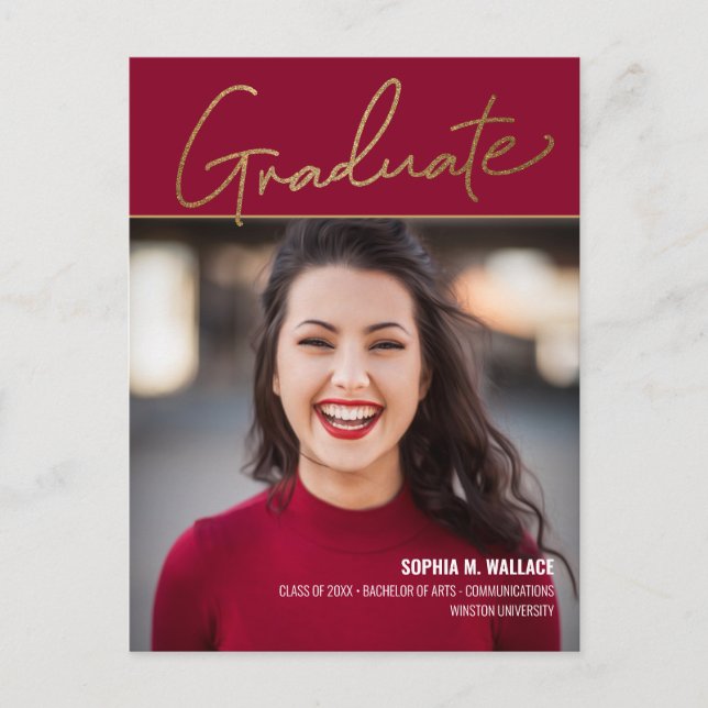 Elegant Gold Script Red Photo University Graduate Announcement Postcard (Front)