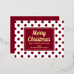 Elegant Gold Script Red Polka Dots Merry Christmas Foil Holiday Postcard
