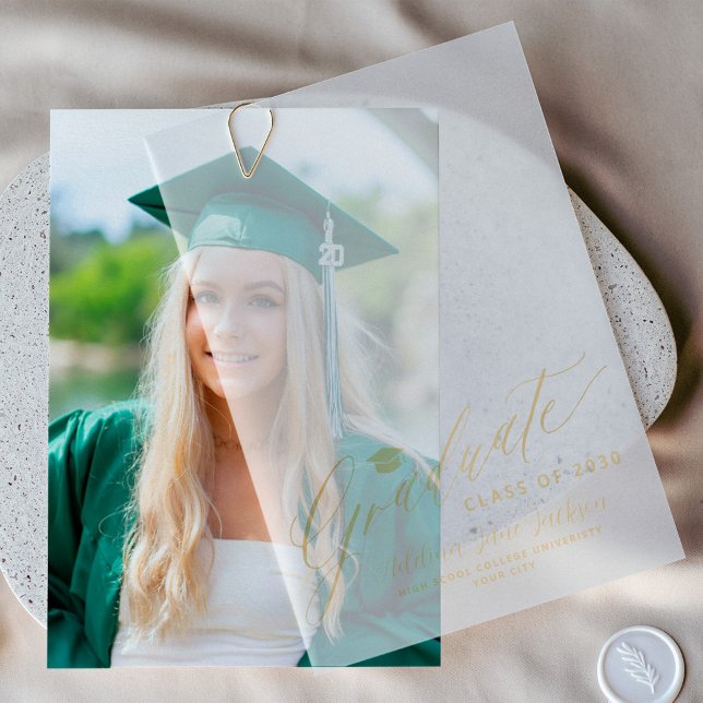 Elegant gold script school class of graduation vellum invitations (Creator Uploaded)