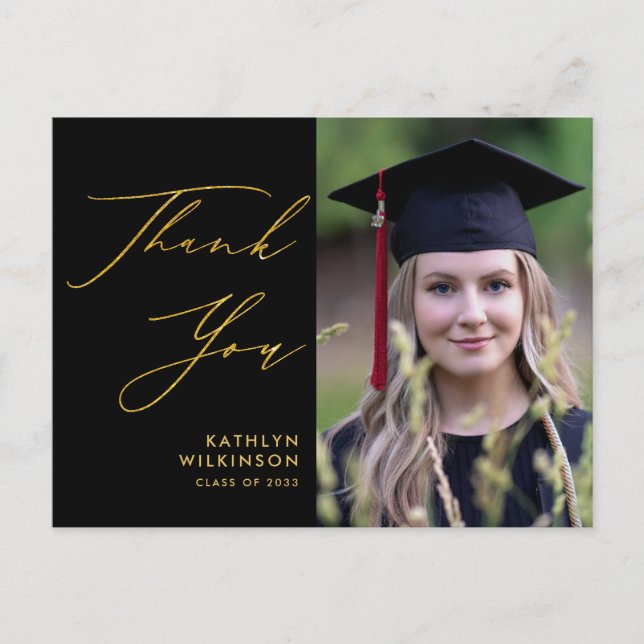 Elegant Gold Script Simple Black GRAD Thank You Postcard (Front)