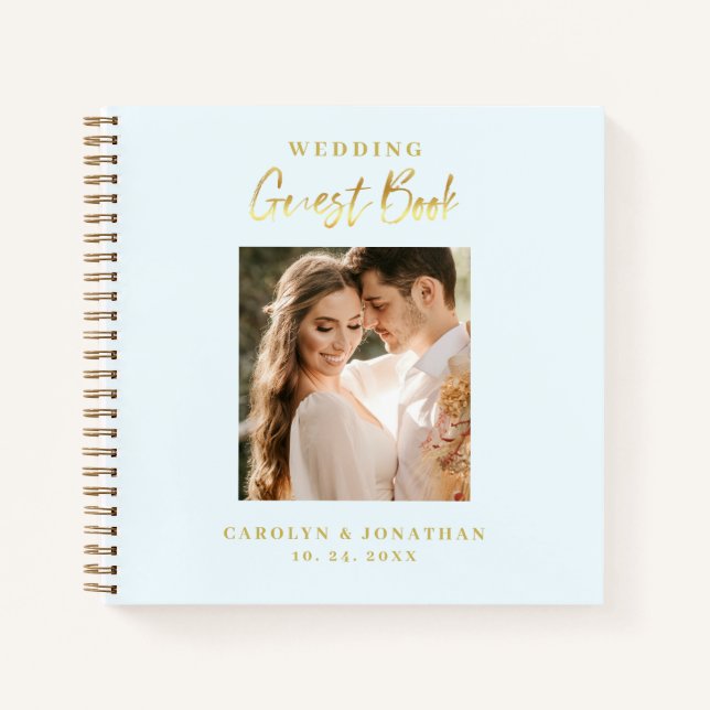 Elegant Gold Script Sky Blue Wedding Guestbook  Notebook (Front)