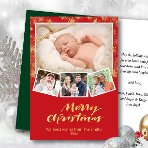 Elegant Gold Script Snowflakes Modern Red Festive Holiday Card