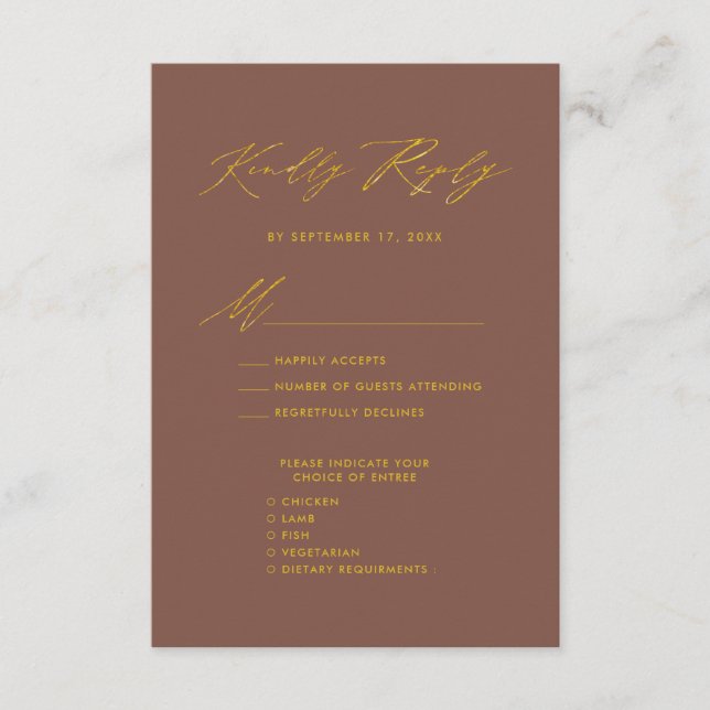 Elegant Gold Script Terracotta Simple Wedding RSVP Enclosure Card (Front)