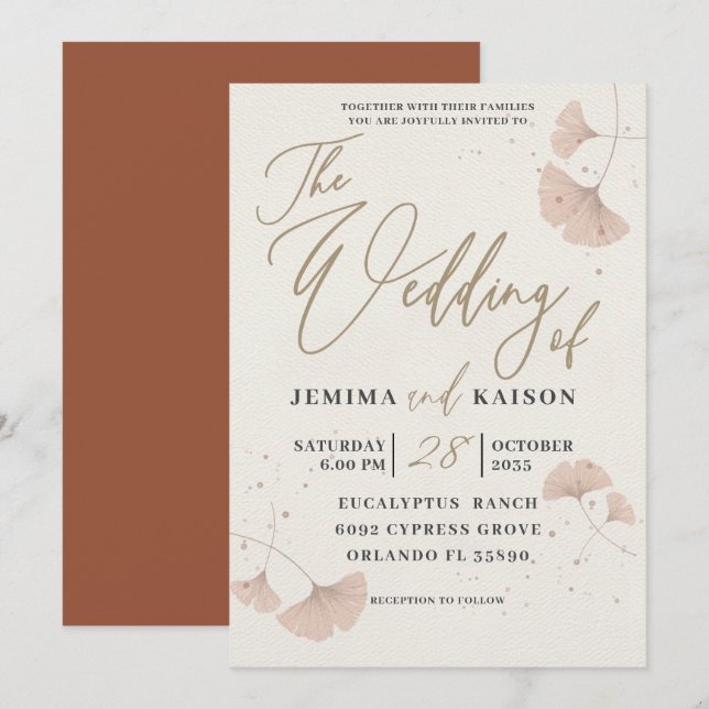 Elegant Gold Script Terracotta Wedding Invitation (Front/Back)