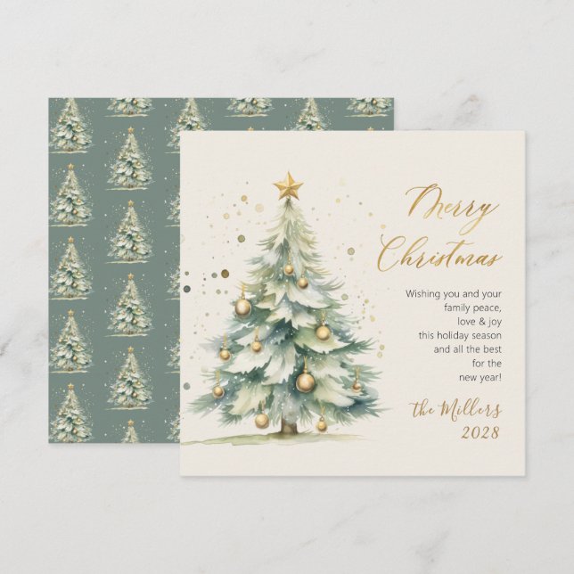 Elegant Gold Script Watercolor Christmas Tree Holiday Card (Front/Back)