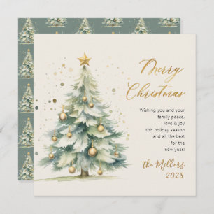 Elegant Gold Script Watercolor Christmas Tree Holiday Card