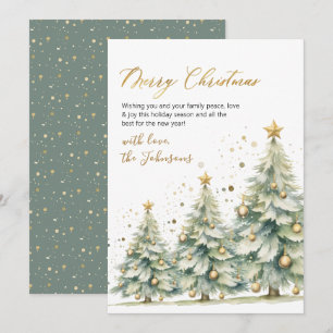 Elegant Gold Script Watercolor Christmas Tree Holiday Card