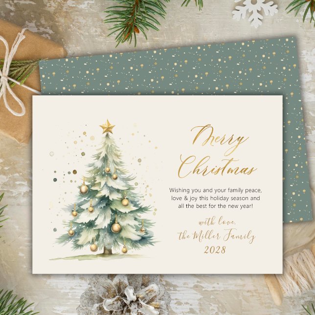 Elegant Gold Script Watercolor Christmas Tree Holiday Card (Creator Uploaded)
