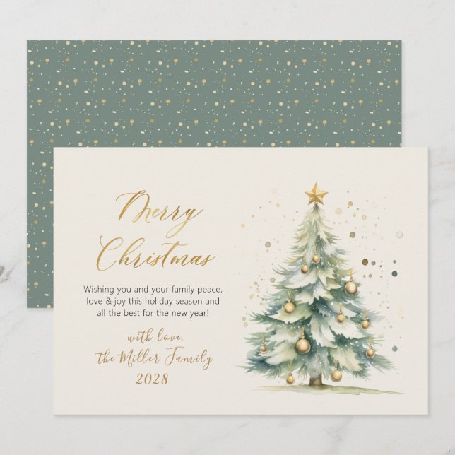 Elegant Gold Script Watercolor Christmas Tree Holiday Card (Front/Back)