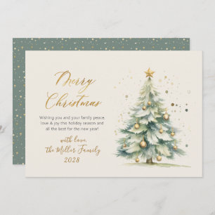 Elegant Gold Script Watercolor Christmas Tree Holiday Card