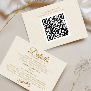 Elegant Gold Script Wedding Details Card with QR