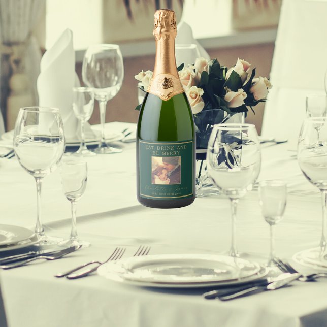 Elegant Gold Script Wedding Photo | Green Sparkling Wine Label (In Situ)