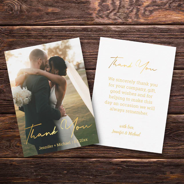 elegant gold script wedding photo thank you card | Zazzle