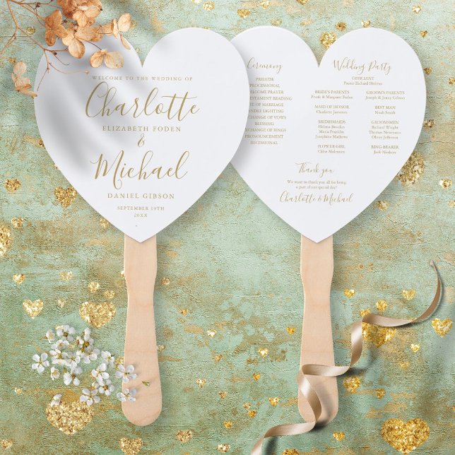 Elegant Gold Script Wedding Program Heart Hand Fan (Creator Uploaded)