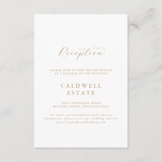 Elegant Gold Script Wedding Reception Enclosure Card (Front)