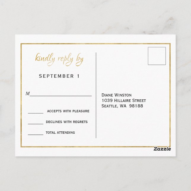 Elegant Gold Script Wedding RSVP Postcard (Back)