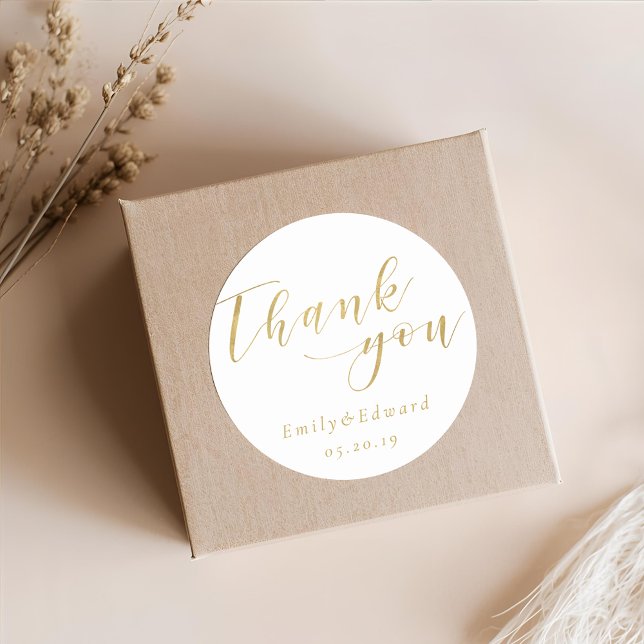 Elegant Gold Script Wedding Thank You Classic Round Sticker (Creator Uploaded)