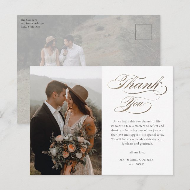 Elegant Gold Script Wedding Thank You Postcard (Front/Back)
