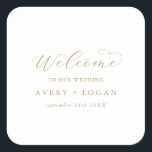 Elegant Gold Script Wedding Welcome Square Sticker<br><div class="desc">These elegant gold script wedding welcome stickers are perfect for a simple wedding. The minimalist gold and white design features fancy romantic typography with modern glam style. Customisable in any colour. Keep the design minimal and classy, as is, or personalise it by adding your own graphics and artwork. Personalise these...</div>