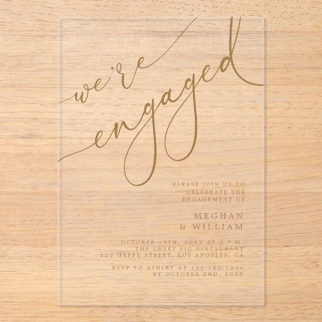 Elegant Gold Script We're Engaged Engagement Party Acrylic Invitations (Front)