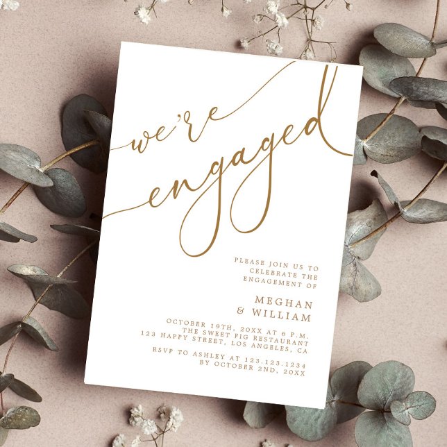 Elegant Gold Script We're Engaged Engagement Party Invitation (Creator Uploaded)