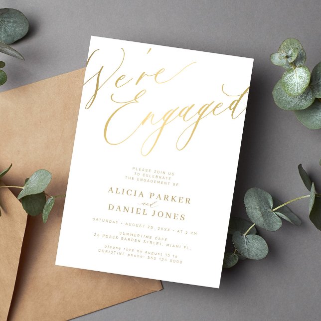 Elegant gold script We're Engaged engagement party Invitation (Creator Uploaded)