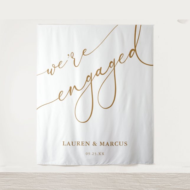 Elegant Gold Script We're Engaged Engagement Party Tapestry (Front)