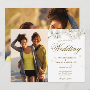 Elegant Gold Script White Blossom 2 Photo Invitation