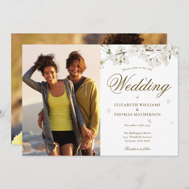 Elegant Gold Script White Blossom 2 Photo Invitation (Front/Back)