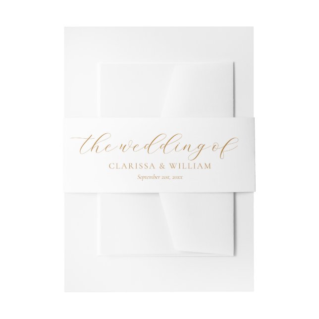 Elegant Gold Script White Wedding Invitation Belly Band (Front Example)