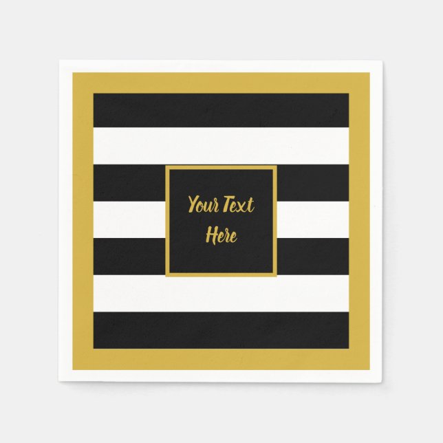 Elegant Gold Script with Black and White Stripes Napkin (Front)