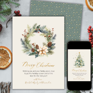 Elegant Gold Script Wreath Greenery Christmas Card