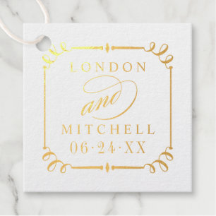 Elegant Gold Scroll Frame Wedding Monogram Favour Tags
