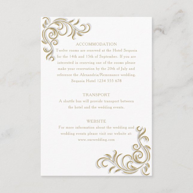 Elegant gold scroll guest information enclosure card (Front)