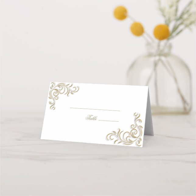 Elegant gold scroll table place card (Front)