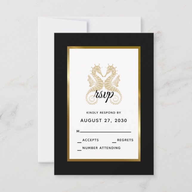 Elegant Gold Seahorses Modern Tropical Wedding RSVP Card (Front)