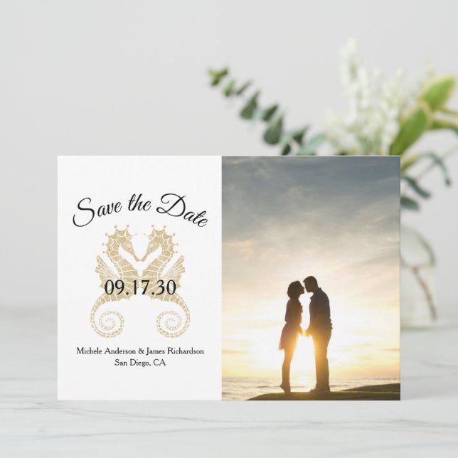Elegant Gold Seahorses Tropical Wedding Photo Save The Date (Standing Front)