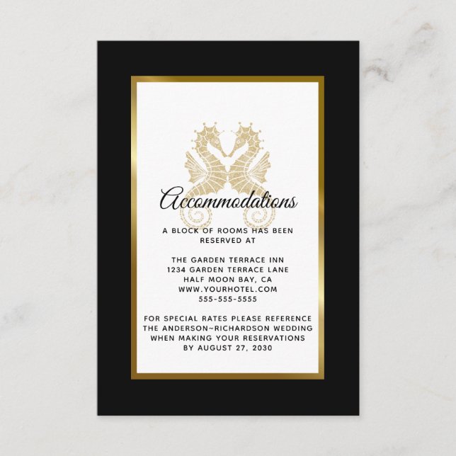 Elegant Gold Seahorses Wedding Accommodations Enclosure Card (Front)