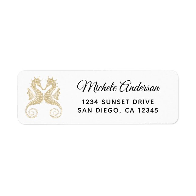 Elegant Gold Seahorses Wedding Return Address (Front)