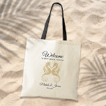 Elegant Gold Seahorses Wedding Welcome Tote Bag<br><div class="desc">Customise this elegant black and gold "Welcome" tote bag with your own special touch. This modern design features modern script,  navy black text and artistic gold seahorses. Personalise it with your names,  wedding date and location. If you need help or matching items,  please contact me.</div>