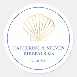 Elegant Gold Seashell Beach Blue White Wedding Classic Round Sticker