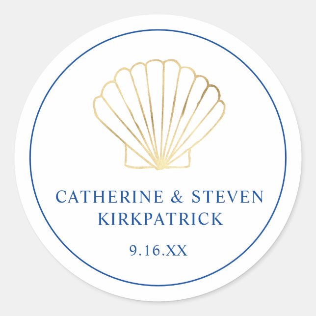 Elegant Gold Seashell Beach Blue White Wedding Classic Round Sticker (Front)