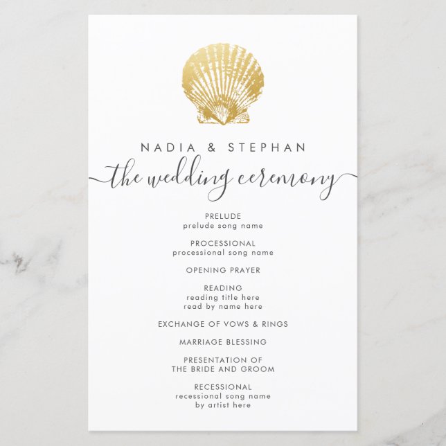 Elegant Gold Seashell Budget Wedding Program (Front)