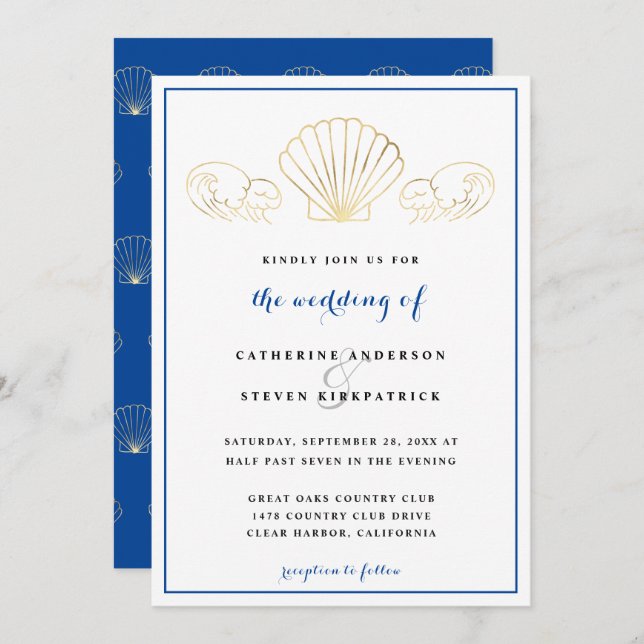 Elegant Gold Seashell Waves Wedding Invitation (Front/Back)