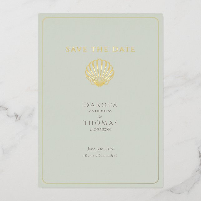 Elegant Gold Seashell  Wedding Save the Date Foil Holiday Card (Front)
