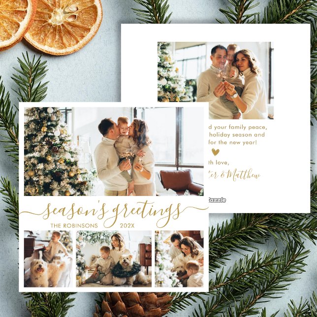 Elegant Gold Seasons Greetings Script 4 Photo Holiday Card (Creator Uploaded)