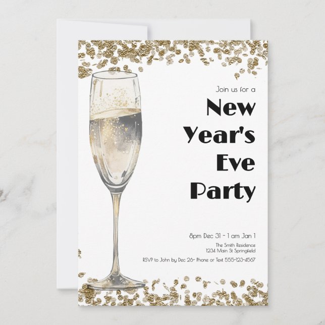 Elegant Gold Sequins New Years Eve Champagne Invitation (Front)